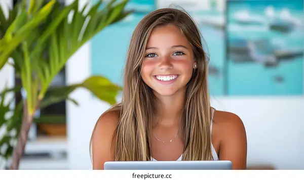 Smiling Teenage Girl with Tablet in Outdoor Setting