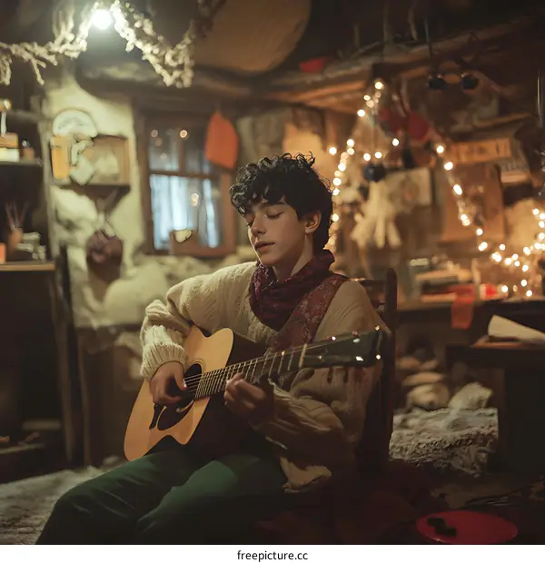Young Man Playing Acoustic Guitar in a Cozy Room