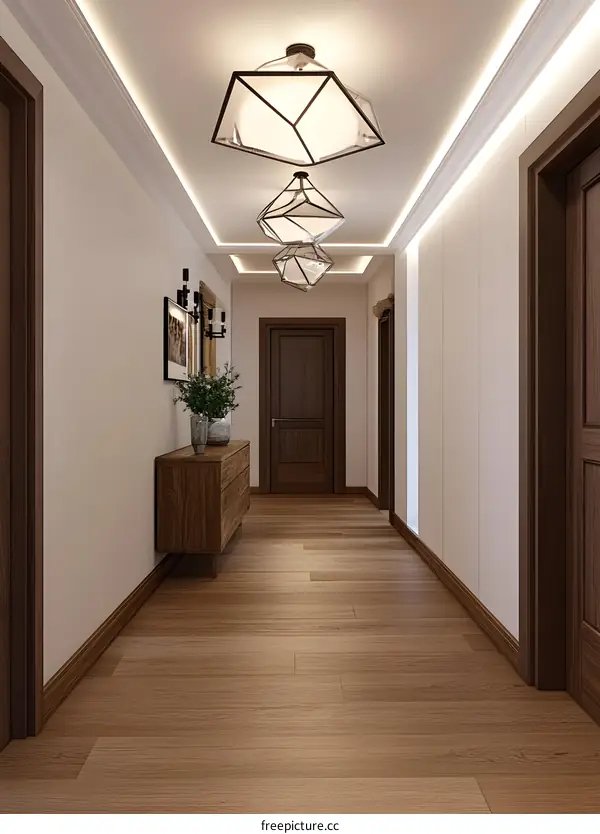 Modern Hallway with Wooden Floor and Geometric Light Fixtures