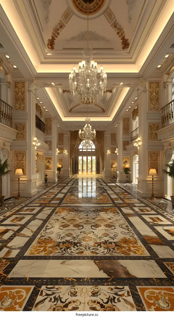 Grand Entrance Hall With Ornate Chandeliers And Marble Floor