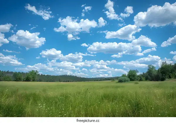 Green Grass Field with Blue Sky and White Clouds