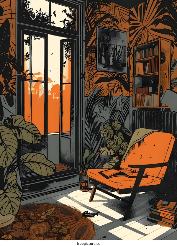 Modern Living Room Interior Design with Tropical Plants and a Large Window