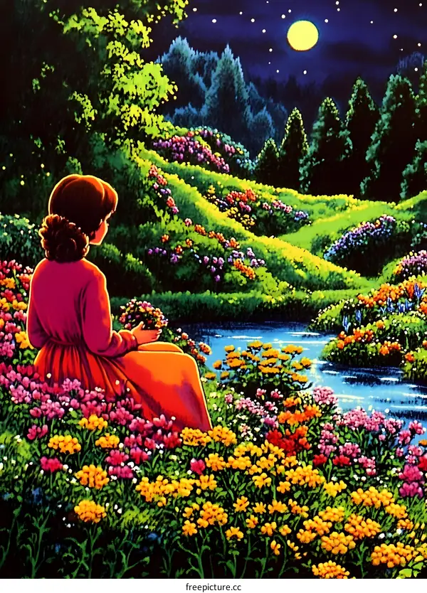 Woman Sitting In A Flower Garden Under The Moonlight