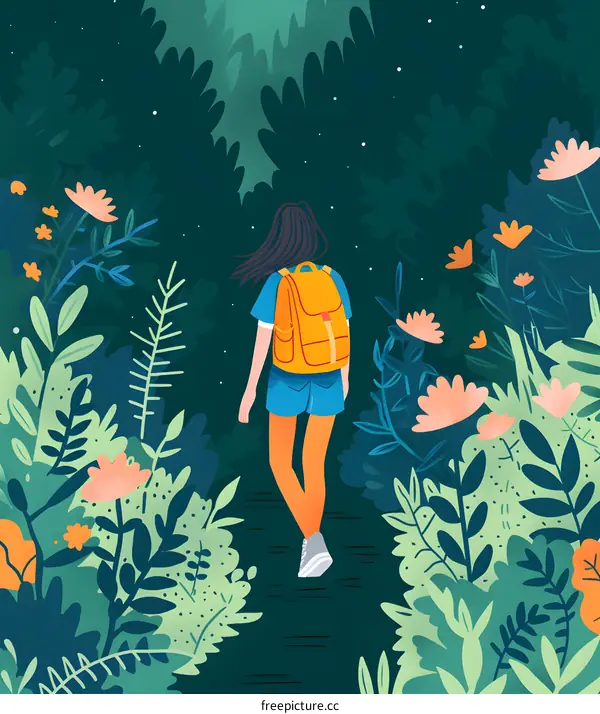 Woman with Backpack Walking Through Forest