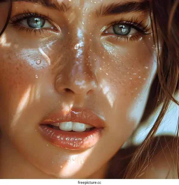 Closeup Of A Woman With Wet Skin And Sun Rays
