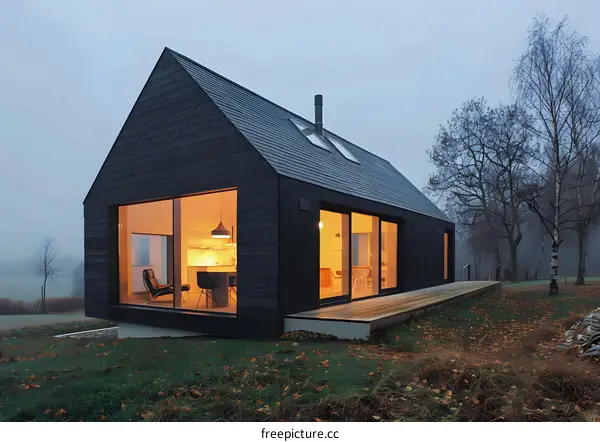 Modern Black Wooden House with Large Windows