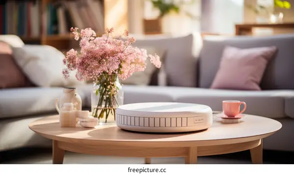 A beautiful living room with a vase of flowers on the table
