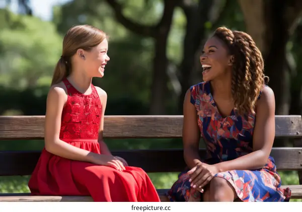 Two girls sitting on a bench and talking happily