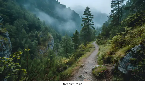 Forest Hiking Trail Through Misty Mountains