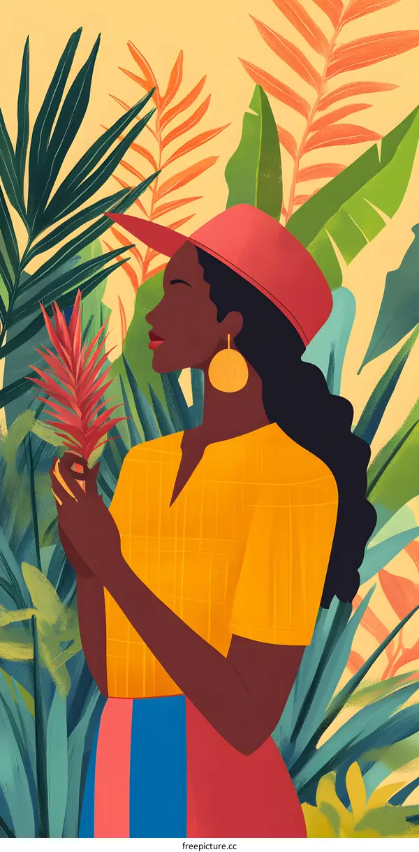 Black Woman with Tropical Plants Illustration