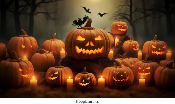 Spooky Halloween Pumpkin Patch in a Dark Forest