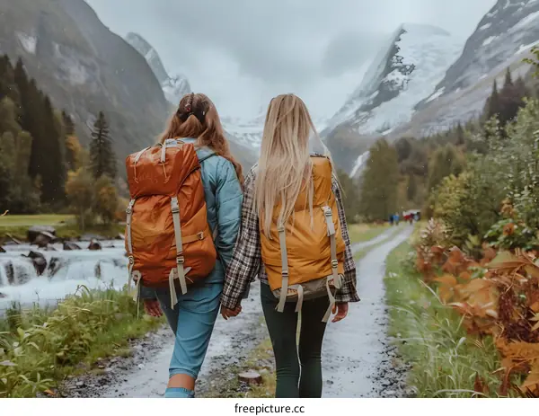 Two Female Hikers Walking on a Trail With Backpacks in the Mountains