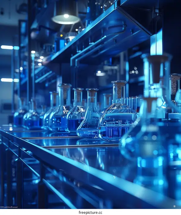 Blue lab glassware with various liquids