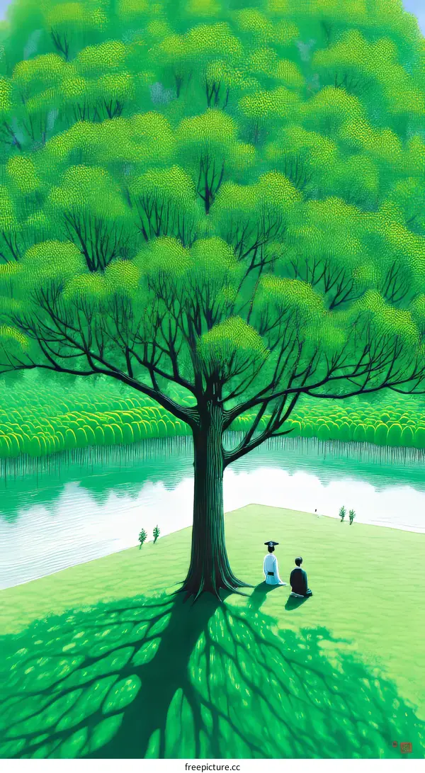 Two Figures Underneath a Lush Green Tree
