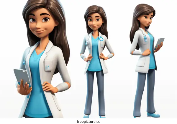 Female Doctor in White Coat and Blue Scrubs Holding Tablet