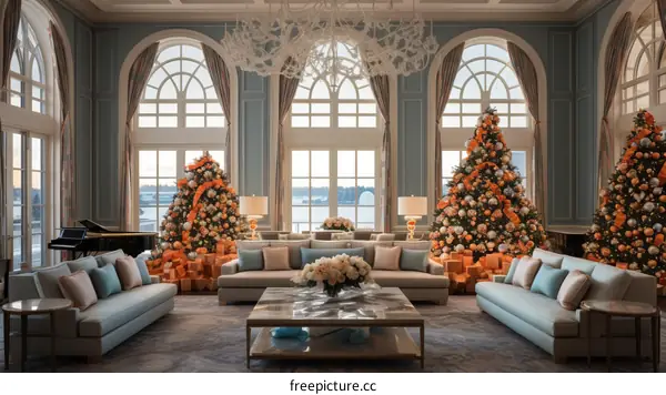 A luxurious living room with a Christmas tree