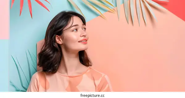 Young Woman With Short Hair Posing Against Colorful Background With Palm Leaves