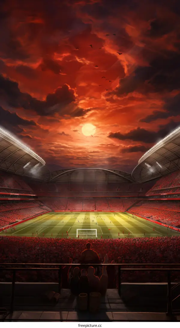 A soccer stadium with a red sky