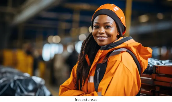 Portrait of a smiling African American woman wearing an orange hard hat and safety vest in a warehouse.