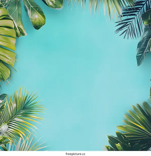 Tropical Leaves Frame on a Turquoise Background
