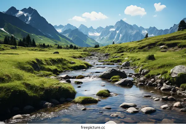A river flowing through a lush green valley with snow-capped mountains in the distance