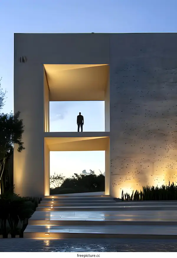 Modern House Exterior with a Man Standing in the Window