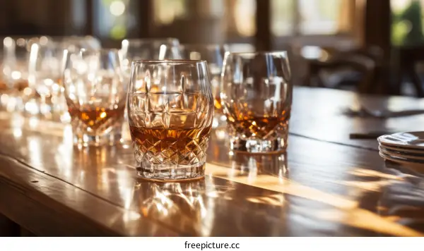 Close-up of Whiskey Glasses on a Wooden Table