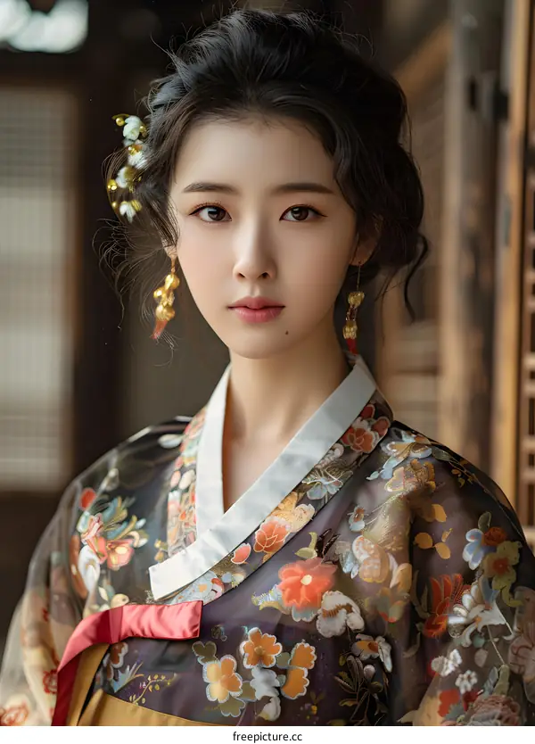 Beautiful Korean Woman Wearing Traditional Hanbok Dress