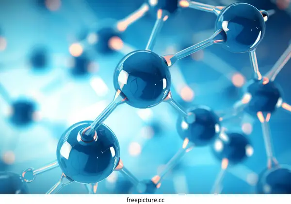 Blue Molecular Structure with Glowing Atomic Bonds on a Blue Background