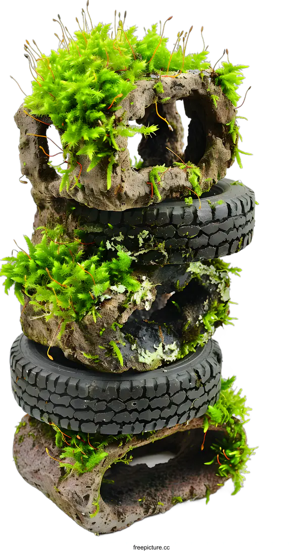 [Transparent Background PNG]Green Moss Growing on Stacked Tires and Rocks