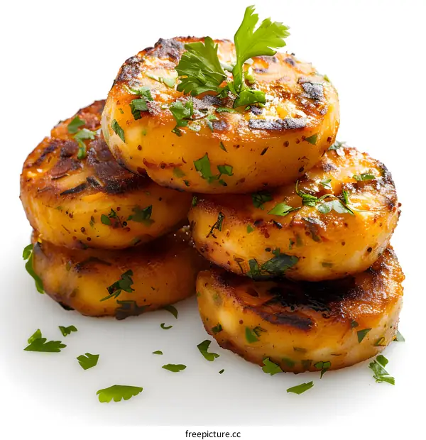 A stack of potato pancakes with parsley on top