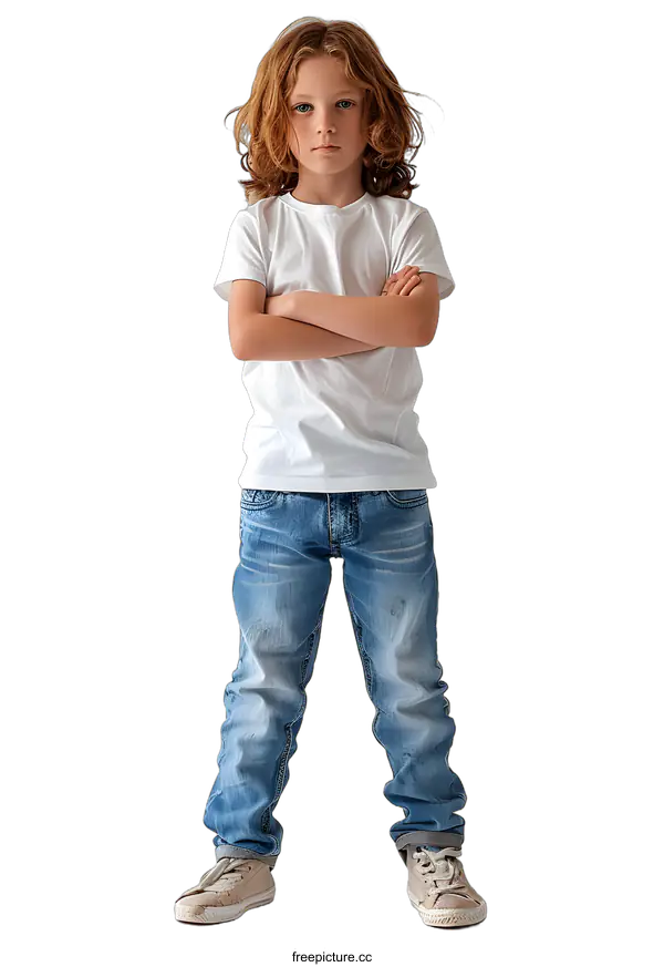 [Transparent Background PNG]Portrait of a boy in white t-shirt and blue jeans
