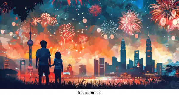 A boy and a girl are watching fireworks over a city skyline.