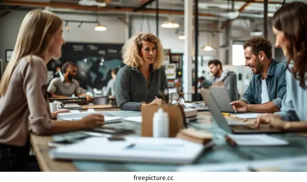 Colleagues discussing ideas in a modern office