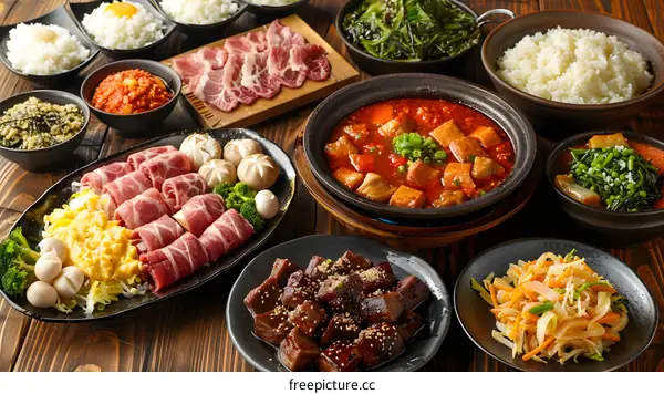 Delicious Chinese Food Dishes Spread on Wooden Table