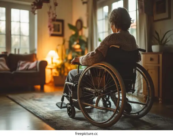 Elderly woman in a wheelchair looking out the window