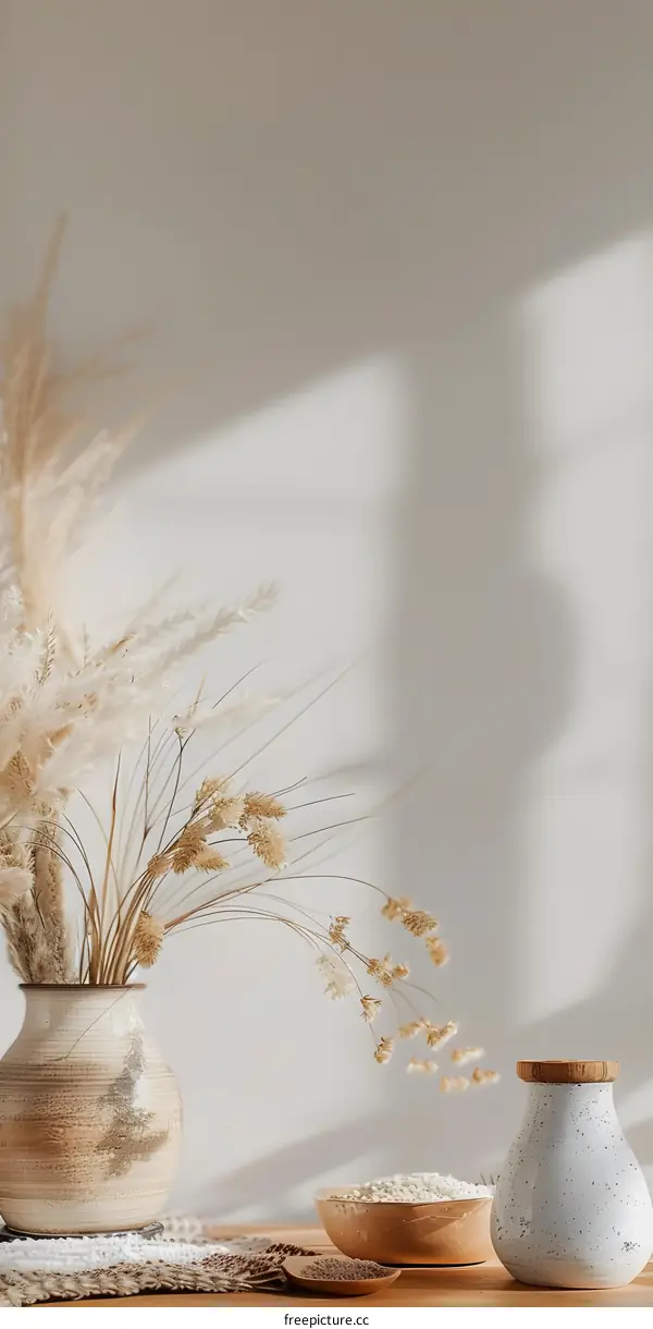 Vase With Dried Flowers On A Table With Wooden Spoon