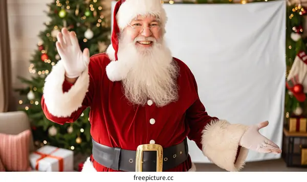 Happy Santa Claus waving in front of a decorated Christmas tree