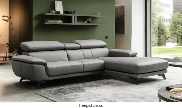 Modern Gray Leather Sectional Sofa with Ottoman