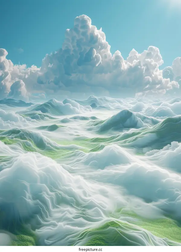 Rolling Green Hills Under Azure Sky and Luminescent Clouds