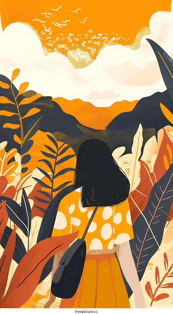 Woman Standing in a Field of Yellow Flowers and Looking at the Birds in the Sky