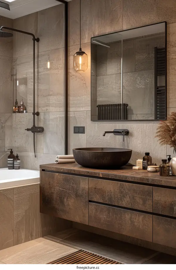 Modern Rustic Bathroom Vanity with Pendant Light