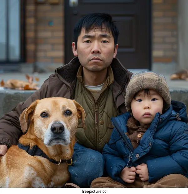 A father and his son sitting on the stairs with their dog