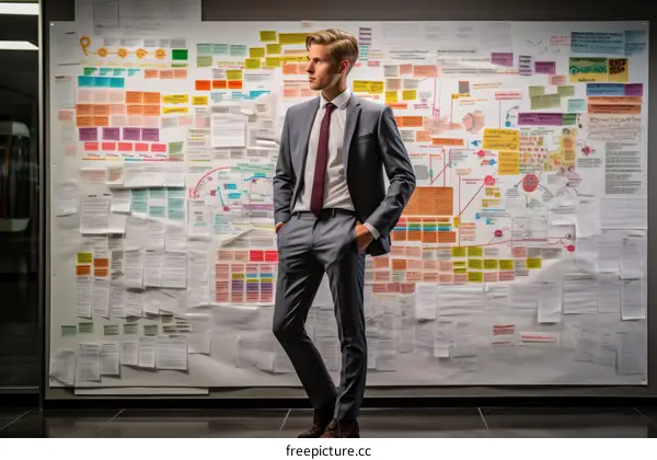 A young professional man standing in front of a large board with sticky notes.