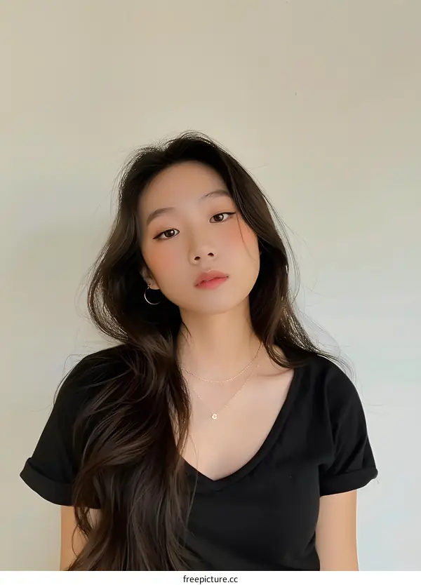 Portrait of a Young Asian Woman with Long Black Hair Wearing a Black T-Shirt