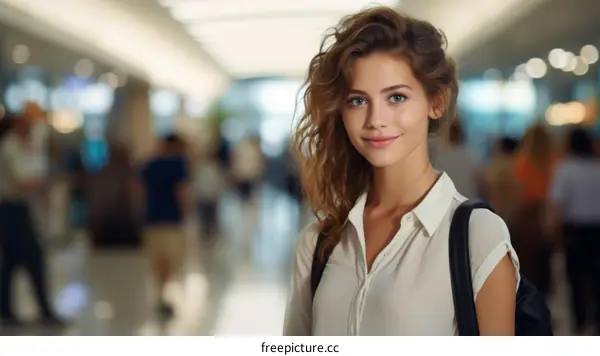 portrait of a young woman with curly hair smiling at the camera
