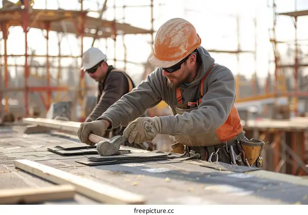 Two roofers installing shingles on a roof