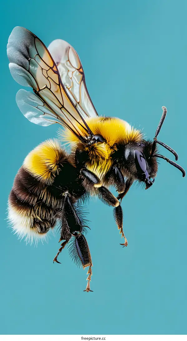 Bumblebee in Flight on Blue