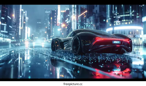 Black Sports Car Racing Through City Rain at Night