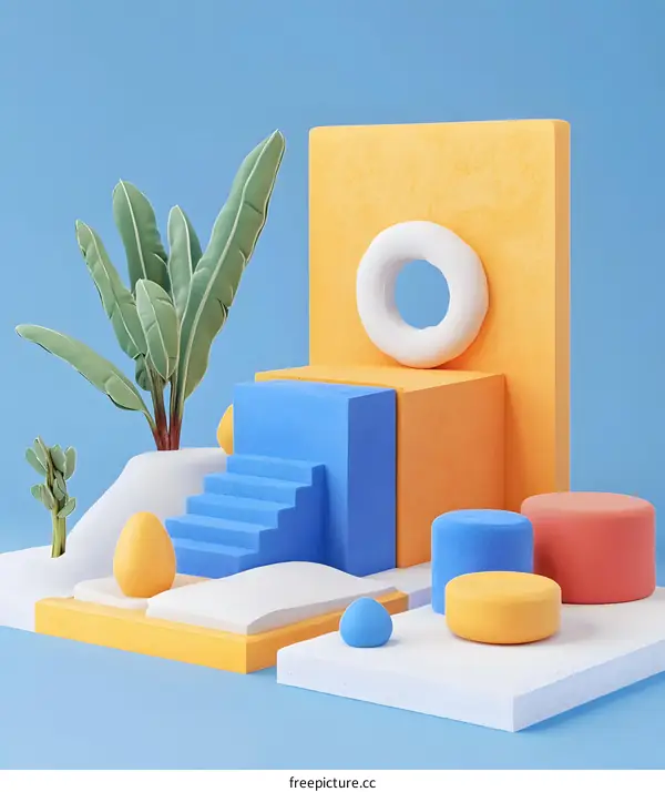 Abstract 3D Rendering of Colorful Shapes and a Plant